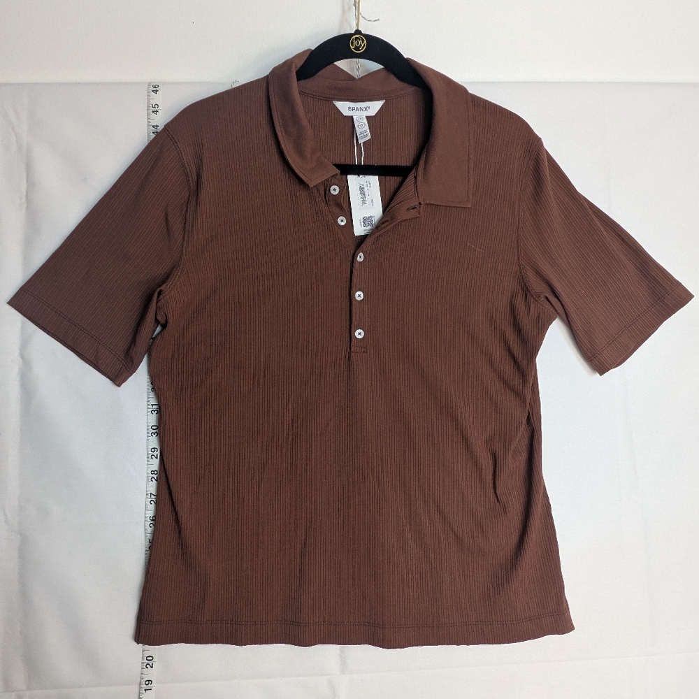 NWT Spanx Women's Ribbed Polo Hickory Brown Shirt 1X Minimalist Basic Flaw
